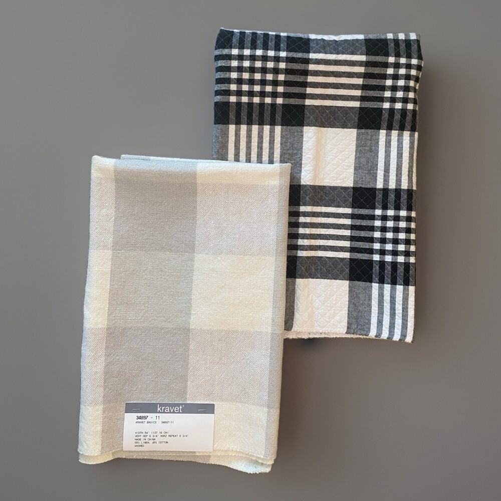 Kravet Windowpane Plaid Linen plus quilted Black White Grey Plaid Print 25"x25"